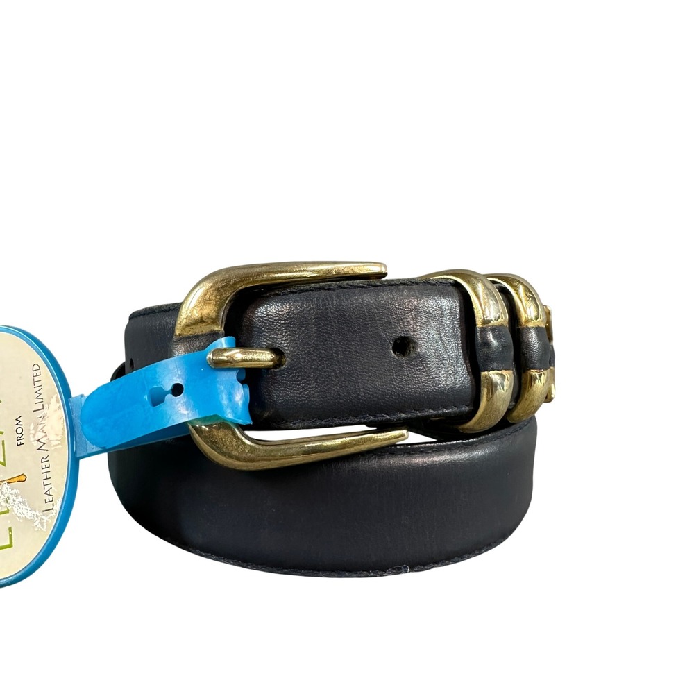 New York Studio Navy Blue Genuine Leather Belt Gold Tone Hardware Size M